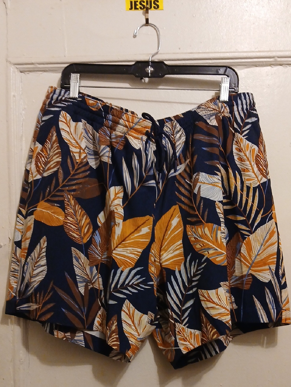 Paisley & Gray Navy Shorts with Mustard and Tan Leaf Motif